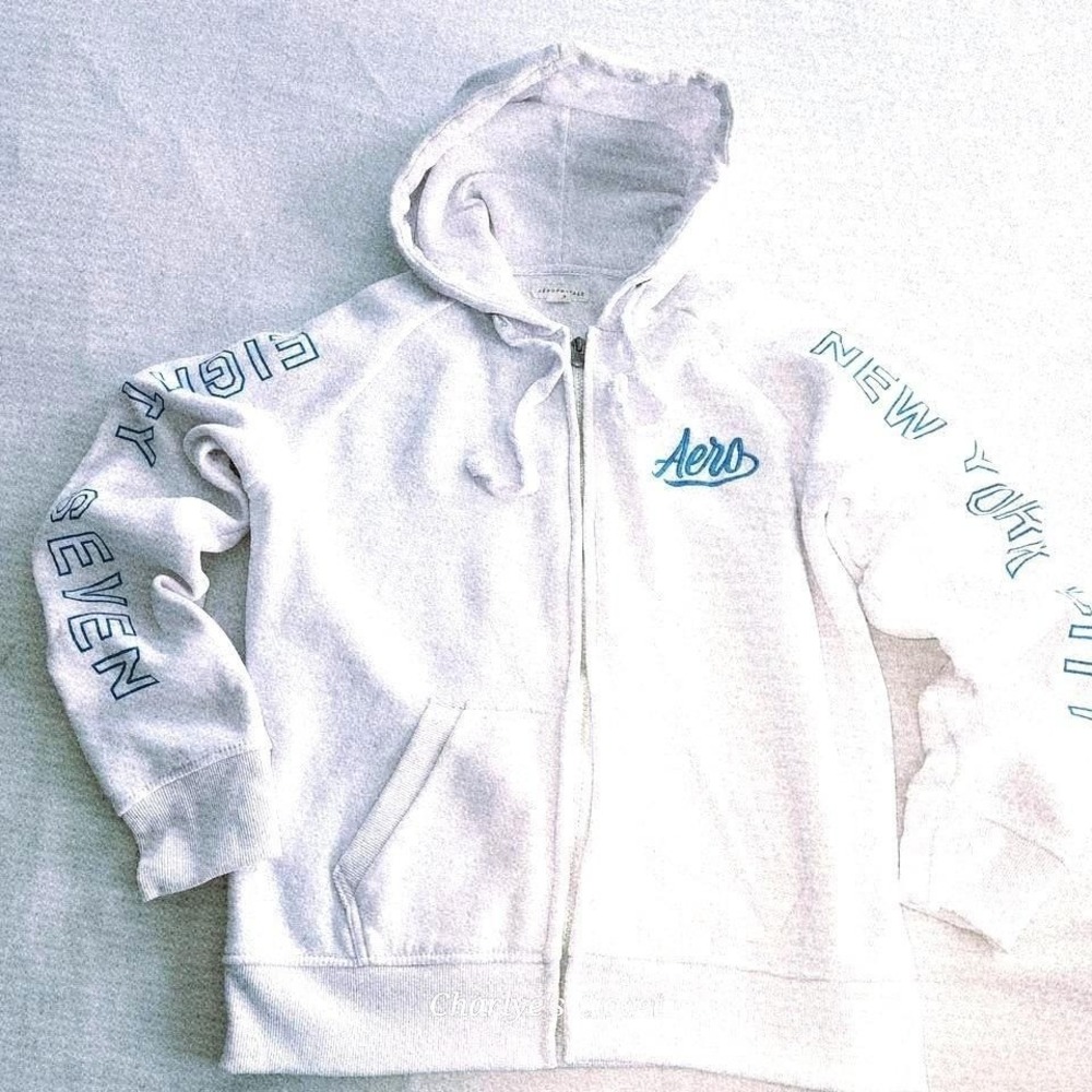 Aeropostale White/Turquoise Logo Hoodie L Cozy 90s‎ Y2K Streetwear Casual Lounge